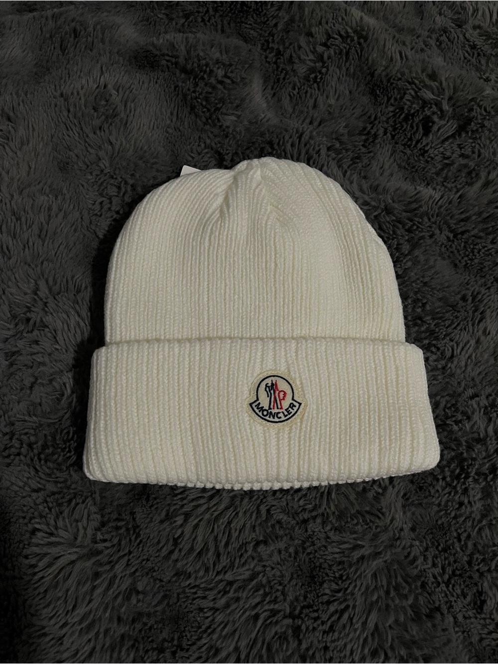 Moncler Cream Ribbed Fold-Over Beanie with Logo Patch